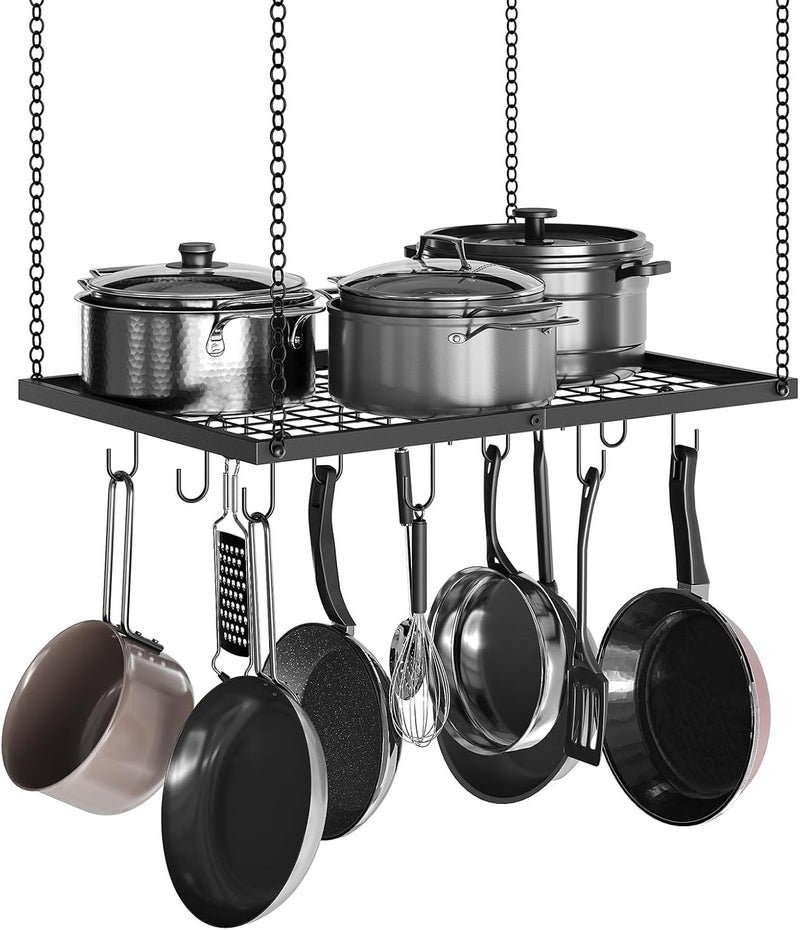 CHOEZON Hanging Pot Rack, Ceiling Mounted Pot Hanger for Kitchen, Metal Cookware Storage Organizer with 12 Hooks, for Storage of Cookware, Utensils in Kitchen, 23.7" L, Black TPR03BB - Image 1